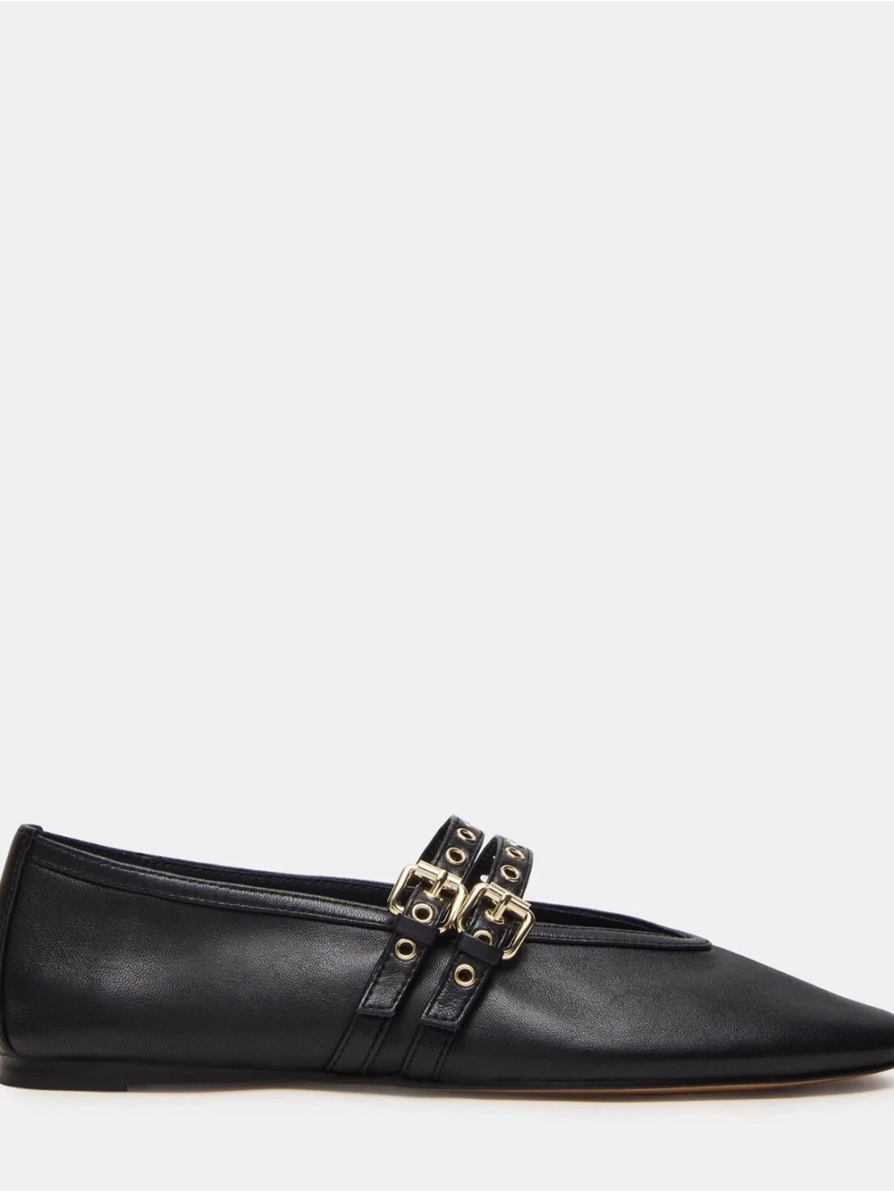 Steve Madden Black Pointed Leather Loafer with Gold Buckle Accents